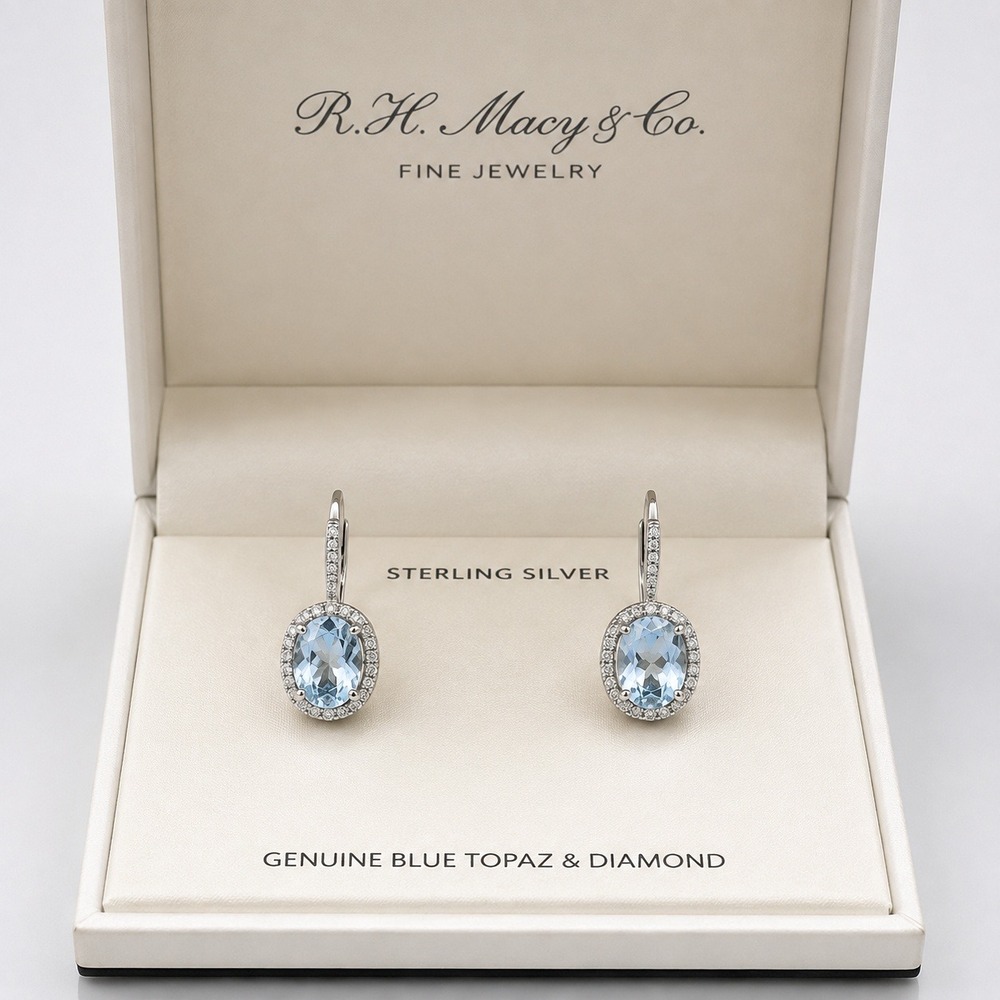 R.H. Macy & Co Sterling Silver Genuine Blue Topaz and Diamond Halo Drop Earrings